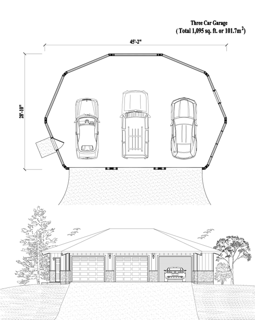 Prefab Garage House Plan - GR-0322 (1095 sq. ft.) 0 Bedrooms, 0 Baths, 3 Car Garage (1,095 sq. ft.)
