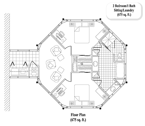 Prefab Home Additions House Plan - HA-0201 (675 sq. ft.) 2 Bedrooms, 1 Baths, 675 sq. ft. with 2 Bed, 1 Bath, Sitting Area & Laundry