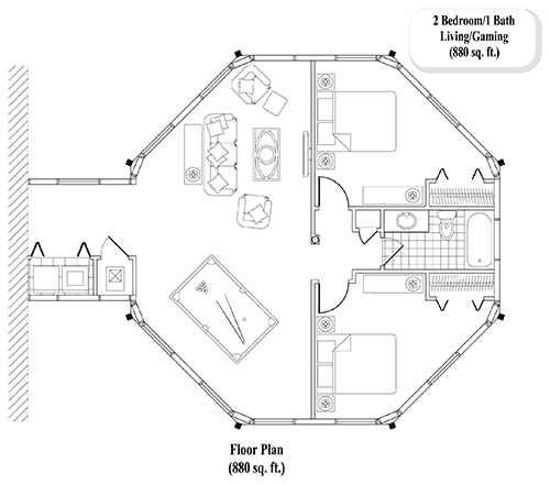 Prefab Home Additions House Plan - HA-0302 (880 sq. ft.) 2 Bedrooms, 1 Baths, 880 sq. ft. with 2 Bed, 1 Bath, Recreation Room & Living Area
