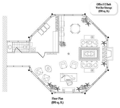 Prefab Home Office House Plan - HO-0304 (890 sq. ft.) 0 Bedrooms,  1/2 Baths, 890 sq. ft. with Living Area, Kitchenette, Storage & 1/2 Bath