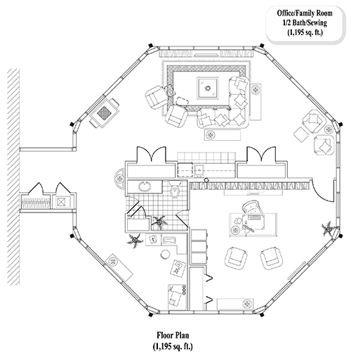Prefab Home Office House Plan - HO-0401 (1195 sq. ft.) 0 Bedrooms,  1/2 Baths, 1,195 sq. ft. w/ Family Room, Kitchenette, Sewing & 1/2 Bath