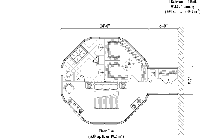 Prefab Master Bedrooms House Plan - MB-0103 (530 sq. ft.) 1 Bedrooms, 1 Baths, 530 sq. ft. with Laundry & Walk-in-Closet