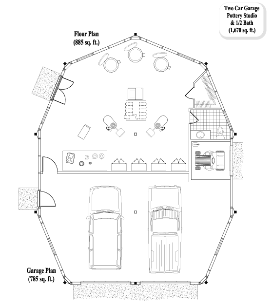 Prefab Multi Purpose House Plan - MP-0401 (1670 sq. ft.) 0 Bedrooms,  1/2 Baths, 2 Car Garage & Workshop/Art Studio with 1/2 Bath (1,670 sq. ft.)