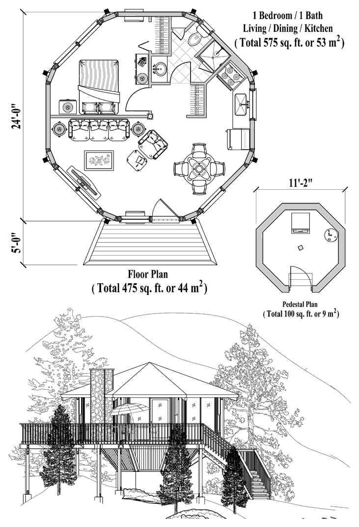 Prefab Pedestal House Plan - PD-0121 (575 sq. ft.) 1 Bedrooms, 1 Baths, Living Room, Dining Room, Kitchen