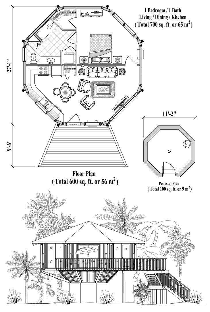 Prefab Pedestal House Plan - PD-0221 (700 sq. ft.) 1 Bedrooms, 1 Baths, Living Room, Dining Room, Kitchen