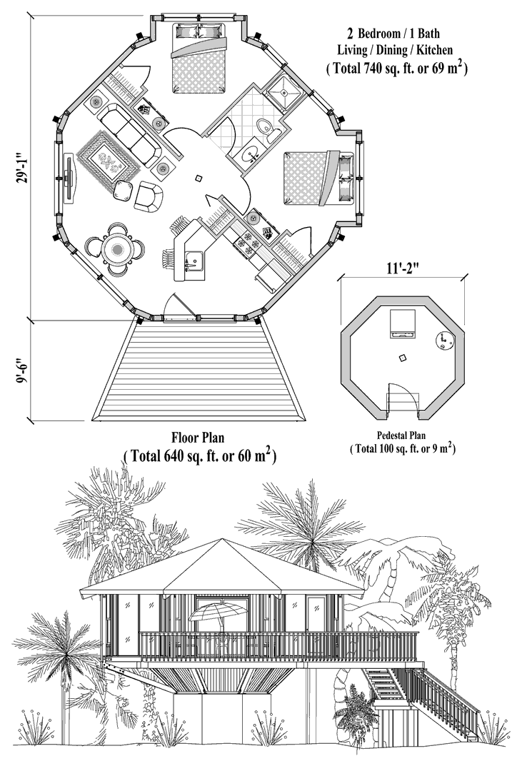 Prefab Pedestal House Plan - PD-0222 (640 sq. ft.) 2 Bedrooms, 1 Baths, Living Room, Dining Room, Kitchen