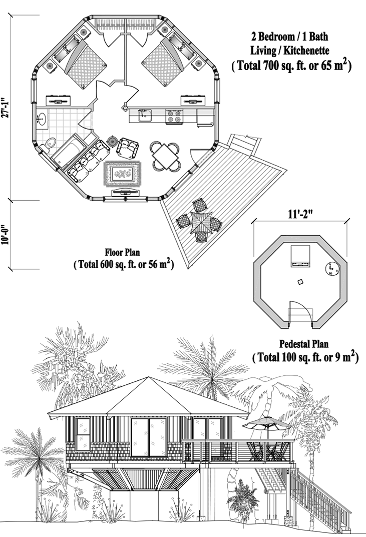 Prefab Pedestal House Plan - PD-0224 (700 sq. ft.) 2 Bedrooms, 1 Baths, Living Room, Kitchenette