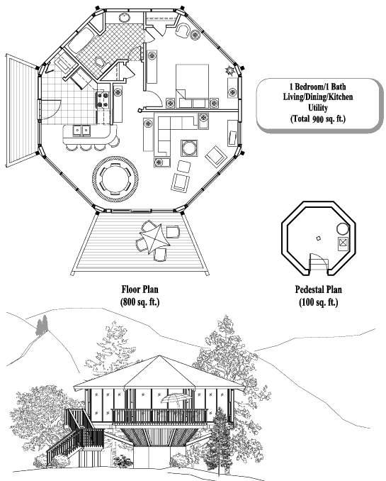 Prefab Pedestal House Plan - PD-0301 (900 sq. ft.) 1 Bedrooms, 1 Baths