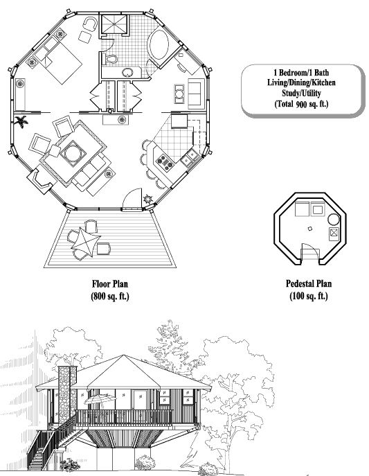 Prefab Pedestal House Plan - PD-0302 (900 sq. ft.) 1 Bedrooms, 1 Baths, 
