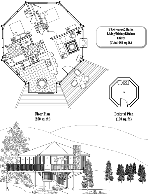 Prefab Pedestal House Plan - PD-0304 (950 sq. ft.) 2 Bedrooms, 2 Baths