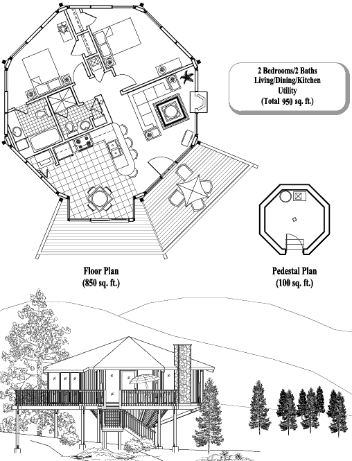 Prefab Pedestal House Plan - PD-0304 (950 sq. ft.) 2 Bedrooms, 2 Baths, 