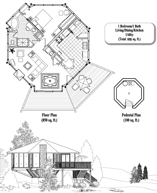 Prefab Pedestal House Plan - PD-0305 (950 sq. ft.) 1 Bedrooms, 1 Baths
