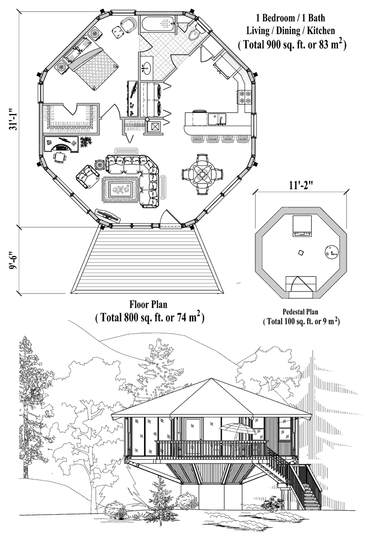 Prefab Pedestal House Plan - PD-0321 (900 sq. ft.) 1 Bedrooms, 1 Baths, Living Room, Dining Room, Kitchen
