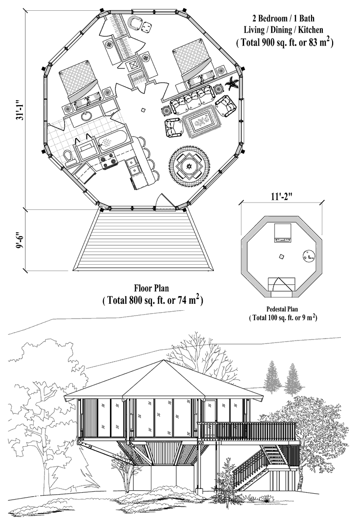 Prefab Pedestal House Plan - PD-0322 (900 sq. ft.) 2 Bedrooms, 1 Baths, Living Room, Dining Room, Kitchen