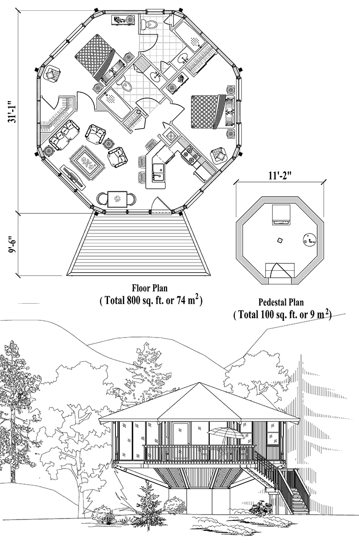 Prefab Pedestal House Plan - PD-0323 (900 sq. ft.) 2 Bedrooms, 2 Baths, Living Room, Dining Room, Kitchen