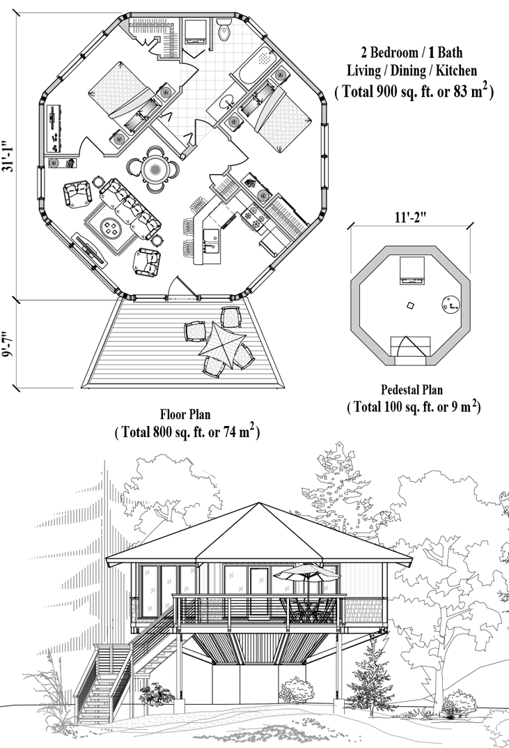 Prefab Pedestal House Plan - PD-0324 (900 sq. ft.) 2 Bedrooms, 1 Baths, Living Room, Dining Room, Kitchen