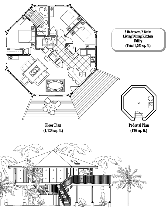 Prefab Pedestal House Plan - PD-0402 (1250 sq. ft.) 3 Bedrooms, 2 Baths