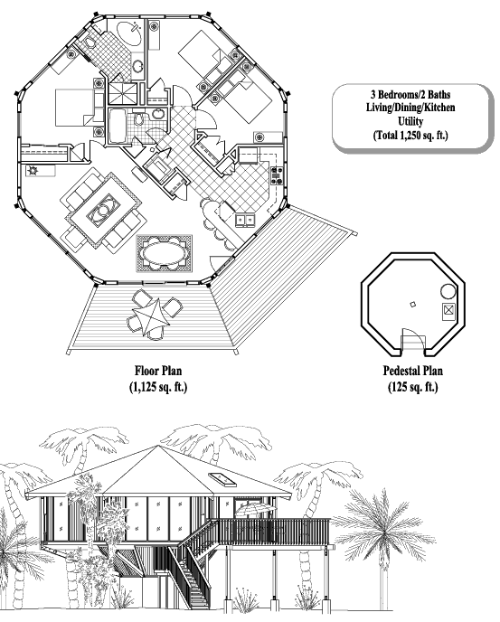 Prefab Pedestal House Plan - PD-0402 (1250 sq. ft.) 3 Bedrooms, 2 Baths, 