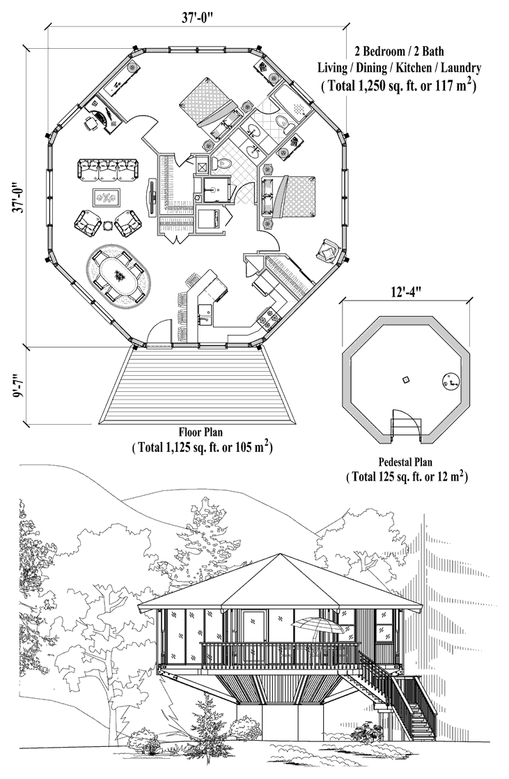 Prefab Pedestal House Plan - PD-0421 (1250 sq. ft.) 2 Bedrooms, 2 Baths, Living Room, Dining Room, Kitchen, Laundry