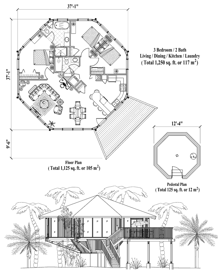 Prefab Pedestal House Plan - PD-0422 (1250 sq. ft.) 3 Bedrooms, 2 Baths, Living Room, Dining Room, Kitchen, Laundry