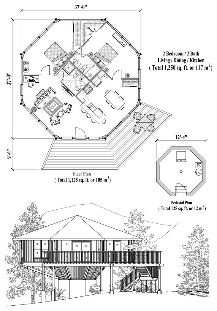 Prefab Pedestal House Plan - PD-0423 (1250 sq. ft.) 2 Bedrooms, 2 Baths, Living Room, Dining Room, Kitchen