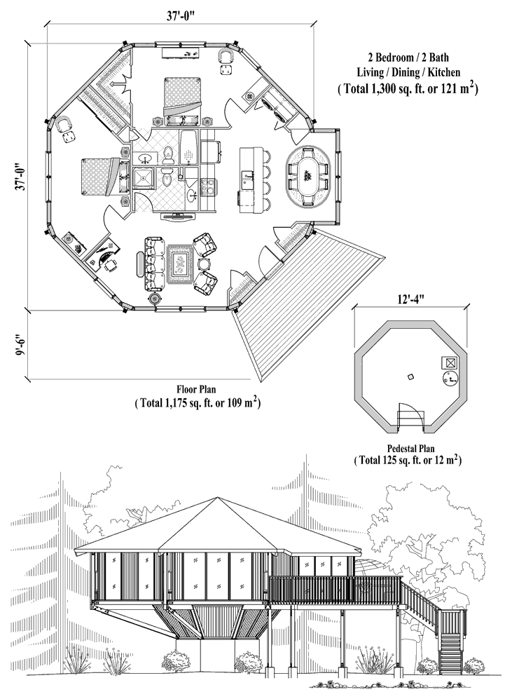 Prefab Pedestal House Plan - PD-0424 (1300 sq. ft.) 2 Bedrooms, 2 Baths, Living Room, Dining Room, Kitchen