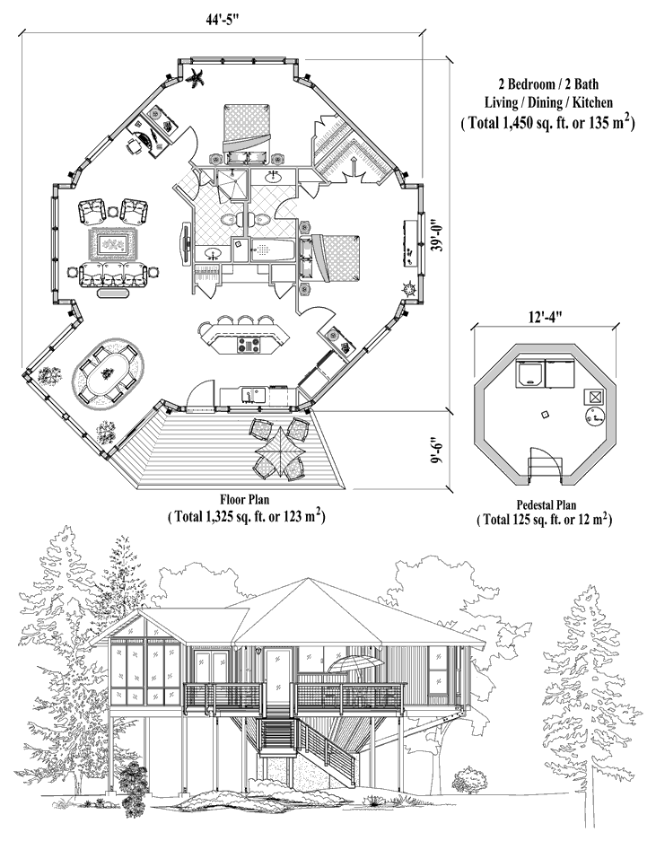 Prefab Pedestal House Plan - PD-0425 (1450 sq. ft.) 2 Bedrooms, 2 Baths, Living Room, Dining Room, Kitchen