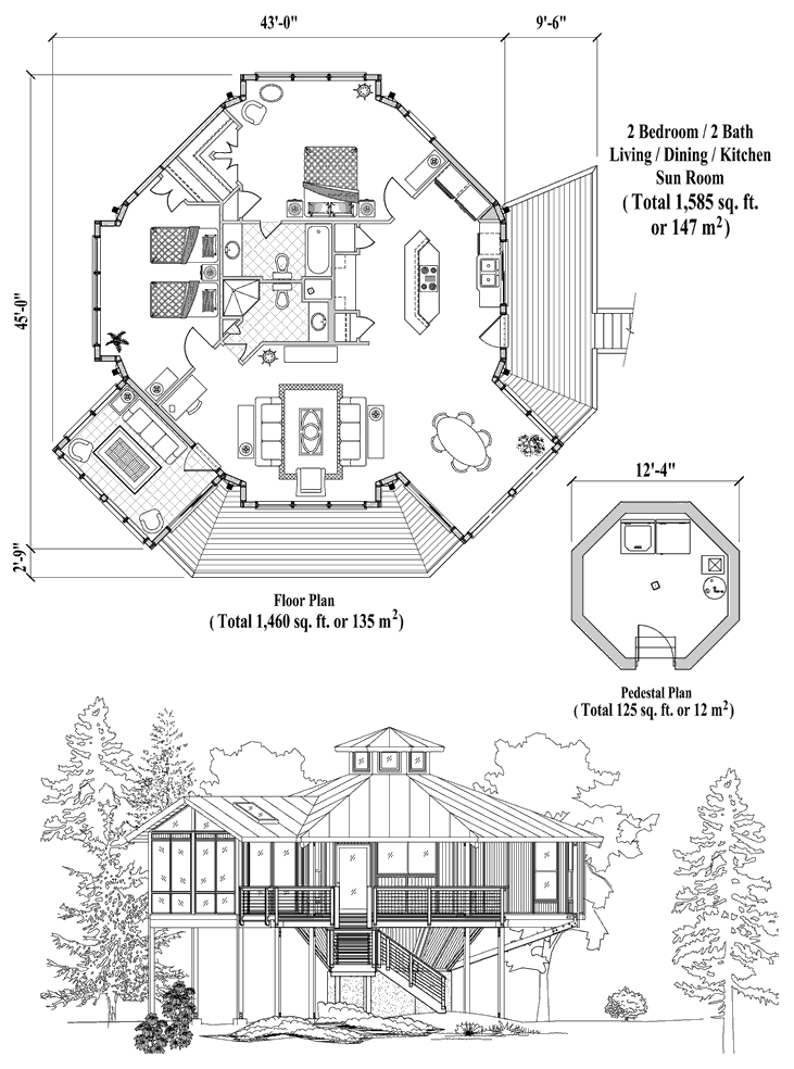 Prefab Pedestal House Plan - PD-0426 (1585 sq. ft.) 2 Bedrooms, 2 Baths, Living Room, Dining, Kitchen, Sun Room