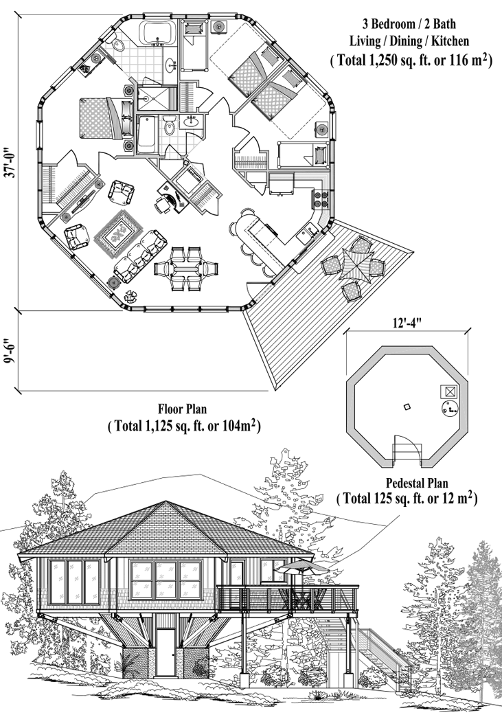 Prefab Pedestal House Plan - PD-0428 (1250 sq. ft.) 3 Bedrooms, 2 Baths, Living Room, Dining Room, Kitchen
