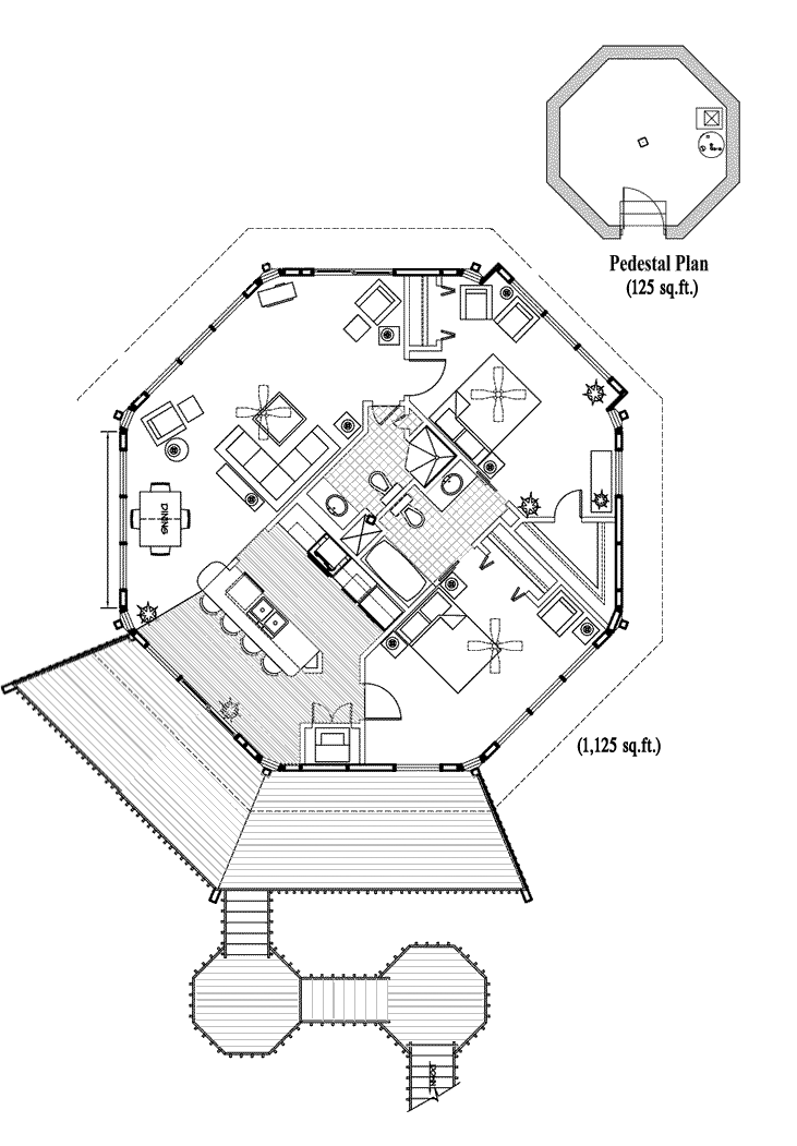Prefab Pedestal House Plan - PD-0430 (1270 sq. ft.) 2 Bedrooms, 2 Baths, Living Room, Dining Room, Kitchen, Deck