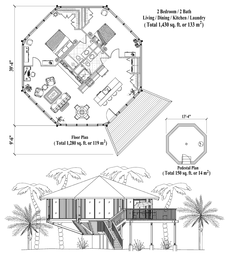 Prefab Pedestal House Plan - PD-0521 (1430 sq. ft.) 2 Bedrooms, 2 Baths, Living, Dining, Kitchen, Laundry
