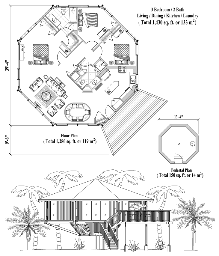 Prefab Pedestal House Plan - PD-0522 (1430 sq. ft.) 3 Bedrooms, 2 Baths, Living, Dining, Kitchen, Laundry