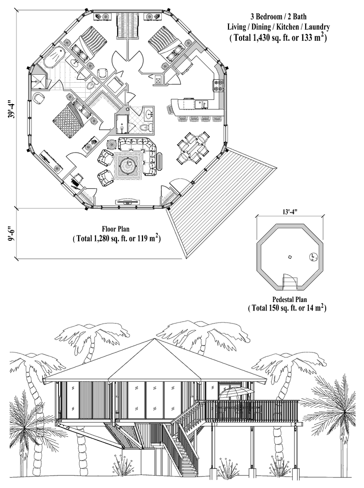 Prefab Pedestal House Plan - PD-0523 (1430 sq. ft.) 3 Bedrooms, 2 Baths, Living Room, Dining Room, Kitchen, Laundry