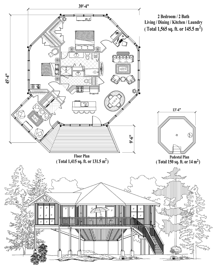 Prefab Pedestal House Plan - PD-0524 (1565 sq. ft.) 2 Bedrooms, 2 Baths, Living, Dining, Kitchen, Sun Room, Laundry