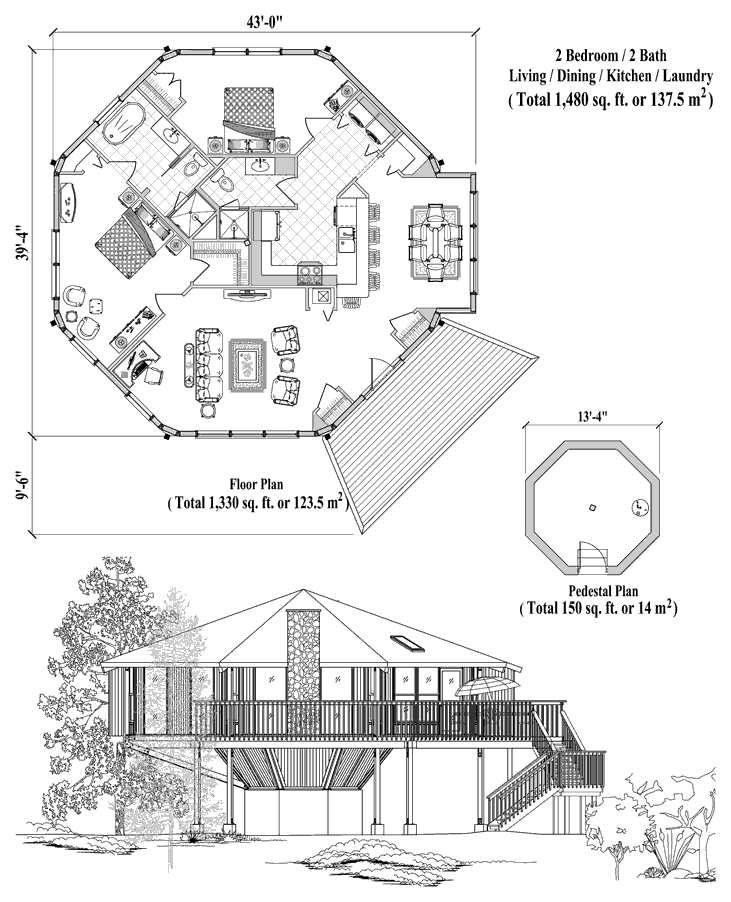 Prefab Pedestal House Plan - PD-0525 (1480 sq. ft.) 2 Bedrooms, 2 Baths, Living Room, Dining Room, Kitchen, Laundry