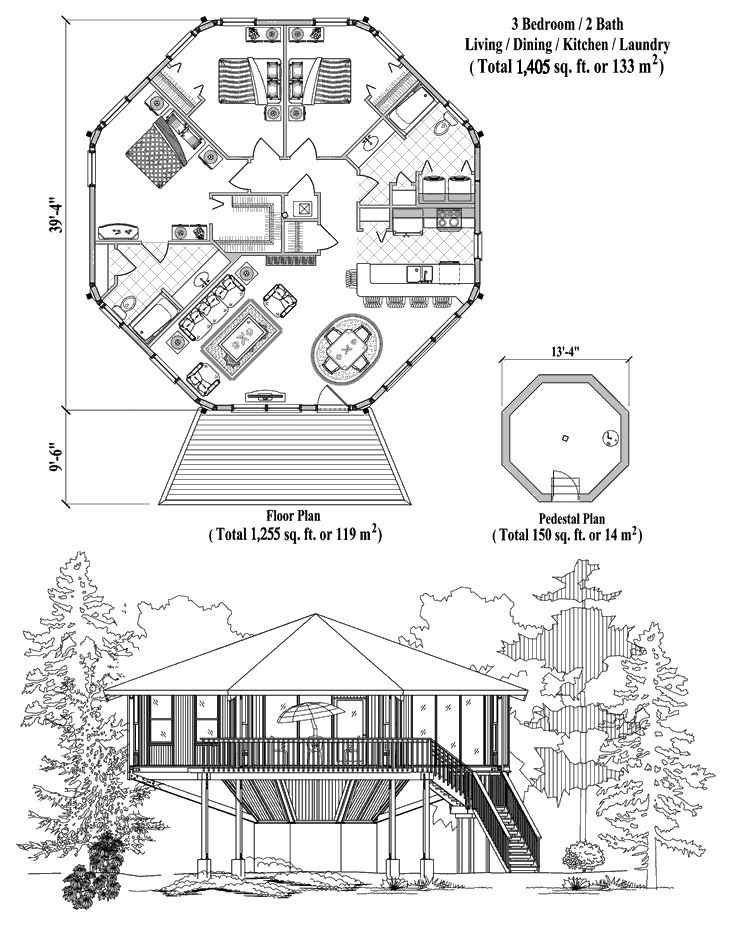 Prefab Pedestal House Plan - PD-0526 (1405 sq. ft.) 3 Bedrooms, 2 Baths, Living Room, Dining Room, Kitchen, Laundry