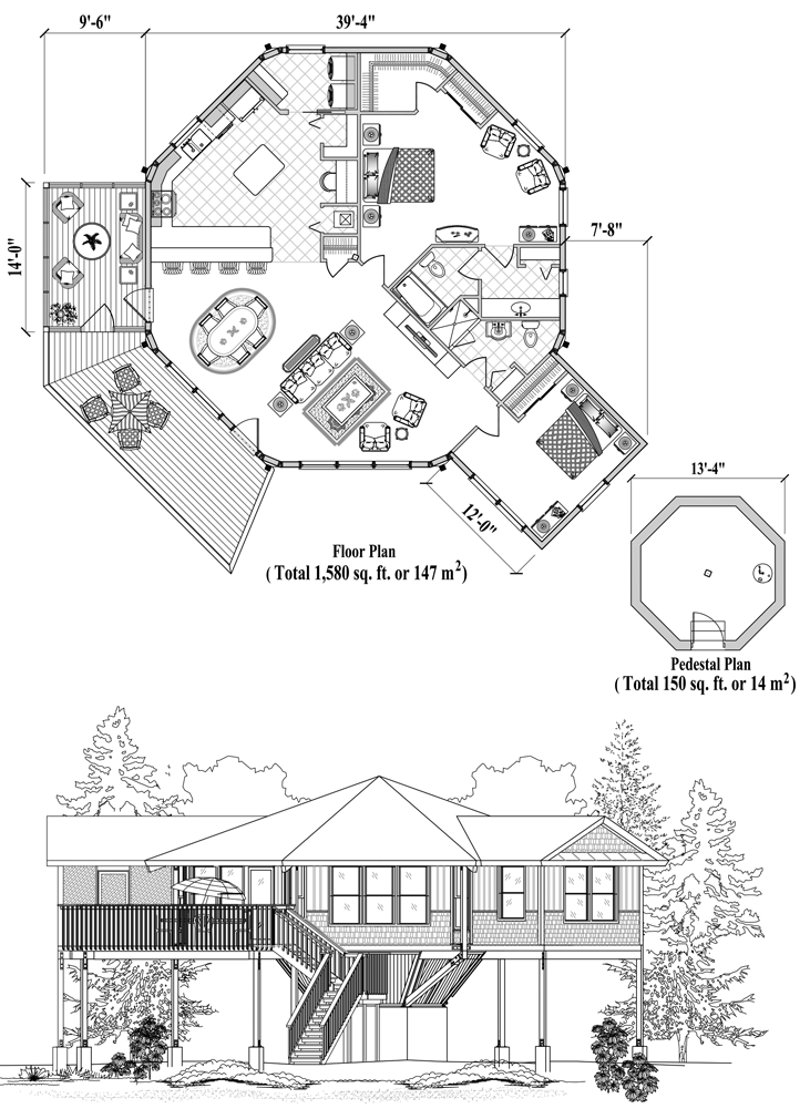 Prefab Pedestal House Plan - PD-0527 (1730 sq. ft.) 2 Bedrooms, 2 Baths, Living Room, Dining Room, Kitchen, Laundry, Screened Porch