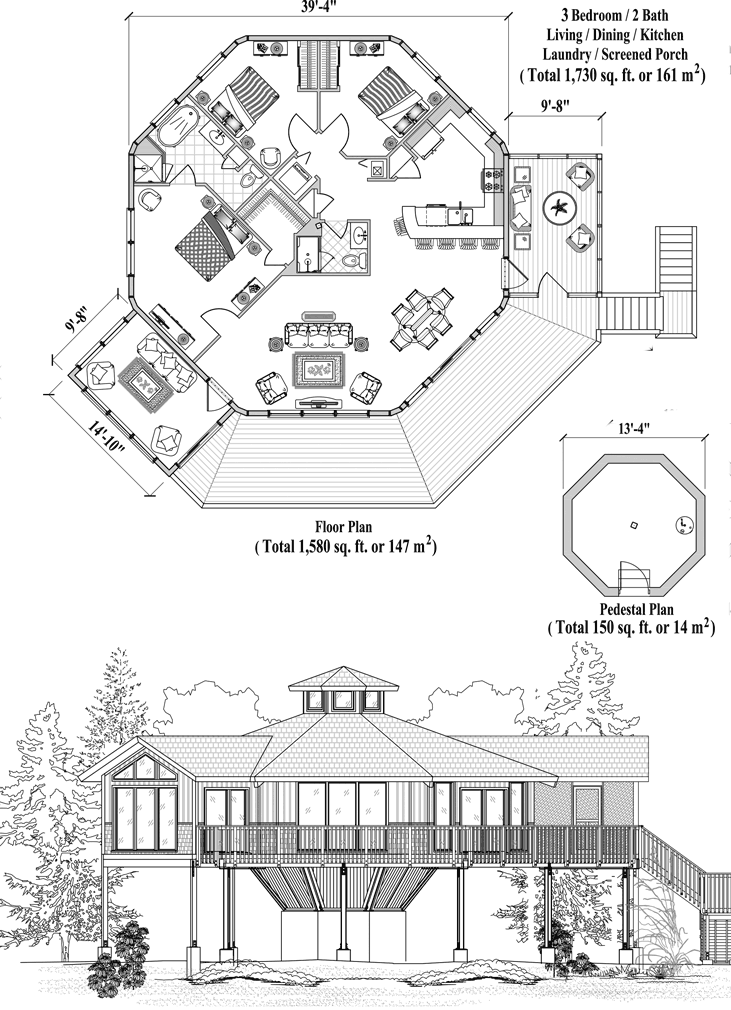 Prefab Pedestal House Plan - PD-0528 (1730 sq. ft.) 3 Bedrooms, 2 Baths, Living Room, Dining Room, Kitchen, Laundry, Screened Porch