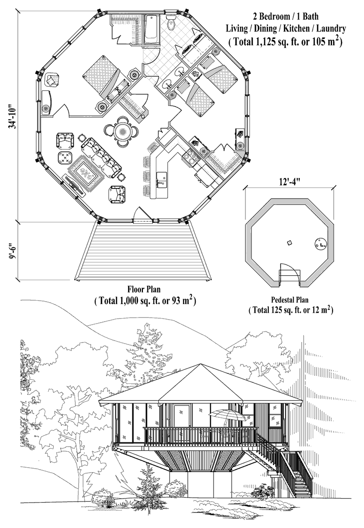 Prefab Pedestal House Plan - PD-1121 (1125 sq. ft.) 2 Bedrooms, 1 Baths, Living Room, Dining Room, Kitchen, Laundry