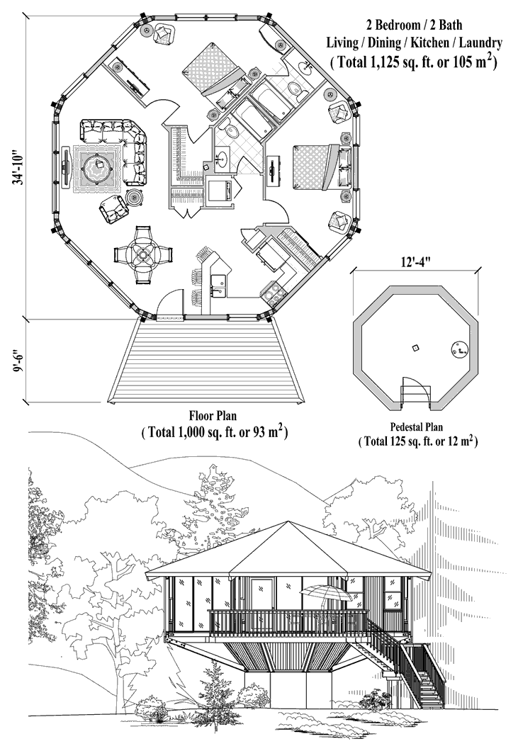 Prefab Pedestal House Plan - PD-1122 (1125 sq. ft.) 2 Bedrooms, 2 Baths, Living Room, Dining Room, Kitchen, Laundry