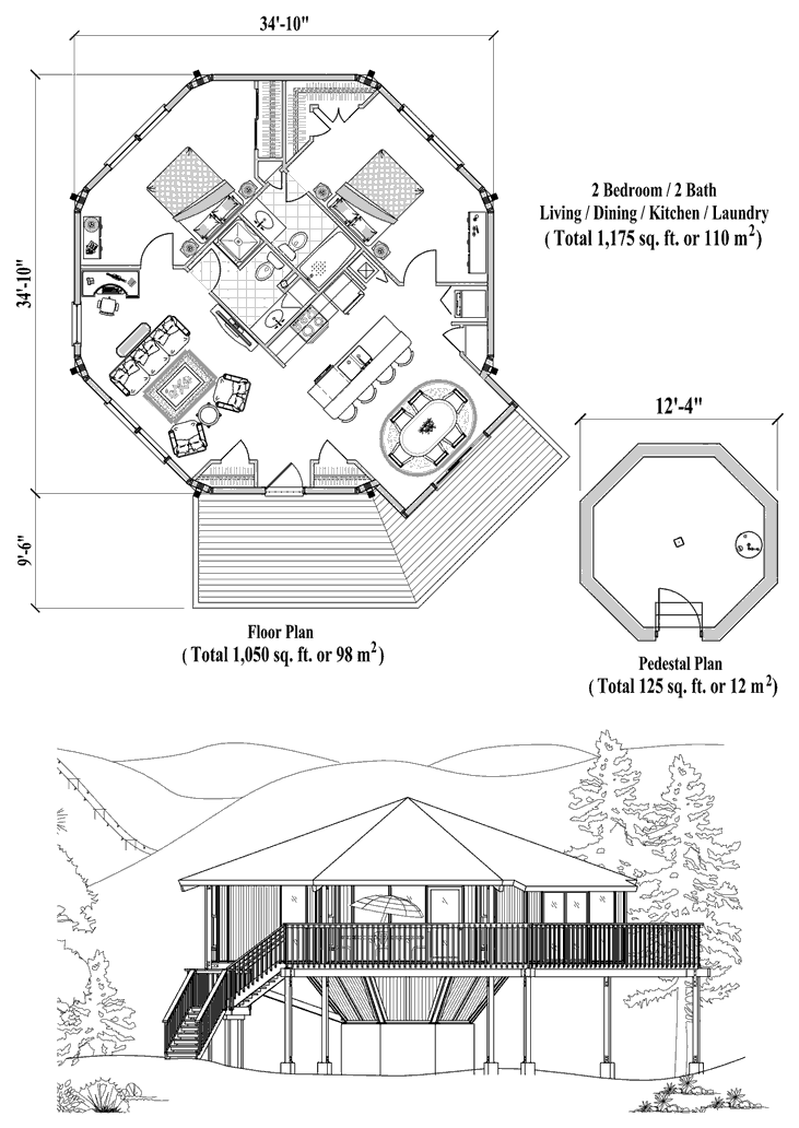 Prefab Pedestal House Plan - PD-1123 (1175 sq. ft.) 2 Bedrooms, 2 Baths, Living Room, Dining Room, Kitchen, Laundry