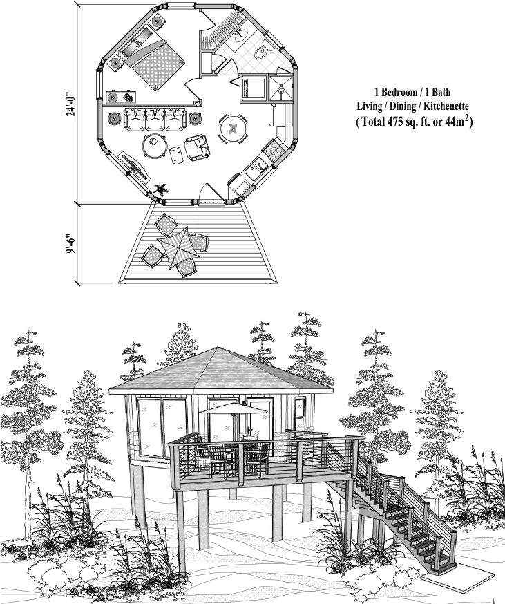 Prefab Piling House Plan - PG-0102 (475 sq. ft.) 1 Bedrooms, 1 Baths