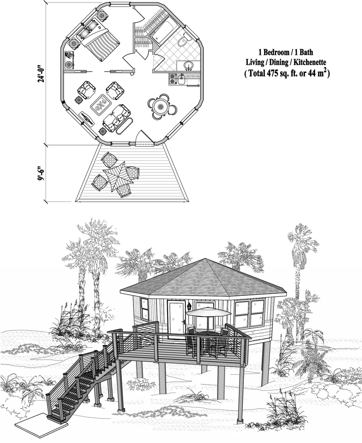 Prefab Piling House Plan - PG-0104 (475 sq. ft.) 1 Bedrooms, 1 Baths, Living, Dining, Kitchenette