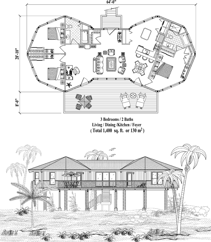 Prefab Piling House Plan - PG-0201 (1400 sq. ft.) 3 Bedrooms, 2 Baths, Living, Dining, Kitchen, Foyer