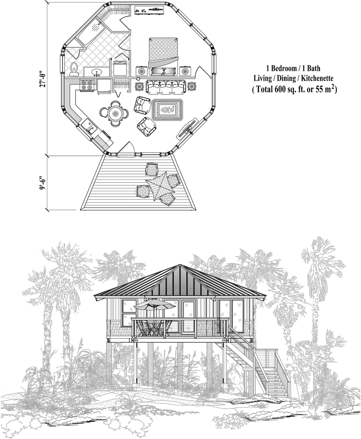 Prefab Piling House Plan - PG-0205 (600 sq. ft.) 1 Bedrooms, 1 Baths