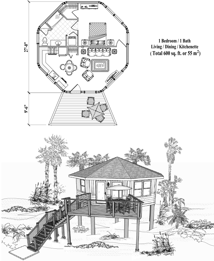 Prefab Piling House Plan - PG-0205 (600 sq. ft.) 1 Bedrooms, 1 Baths, Living, Dining, Kitchenette