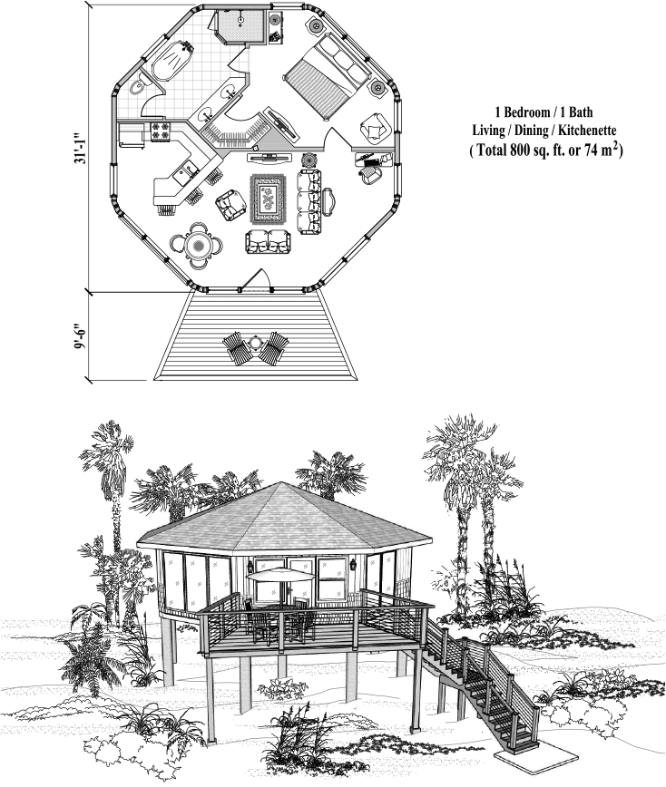 Prefab Piling House Plan - PG-0301 (800 sq. ft.) 1 Bedrooms, 1 Baths, 