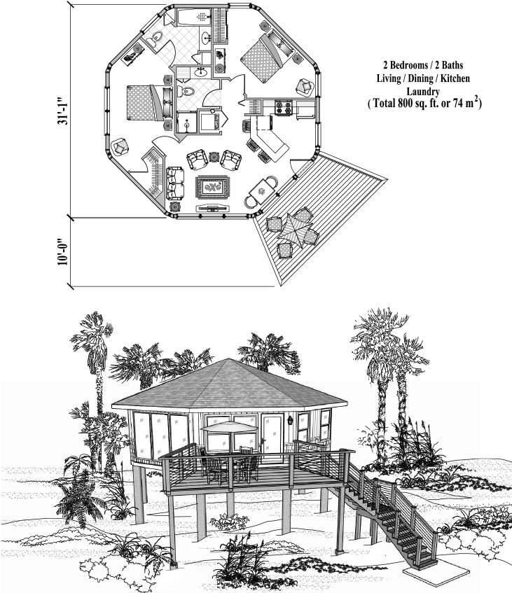 Prefab Piling House Plan - PG-0303 (800 sq. ft.) 2 Bedrooms, 2 Baths, Living, Dining, Kitchen, Laundry