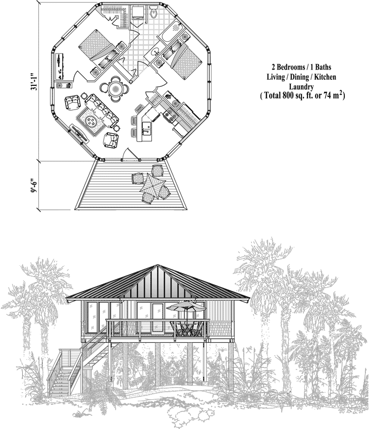 Prefab Piling House Plan - PG-0305 (800 sq. ft.) 2 Bedrooms, 1 Baths