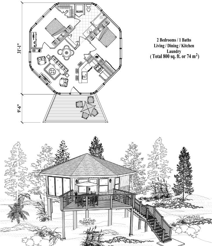 Prefab Piling House Plan - PG-0305 (800 sq. ft.) 2 Bedrooms, 1 Baths, 